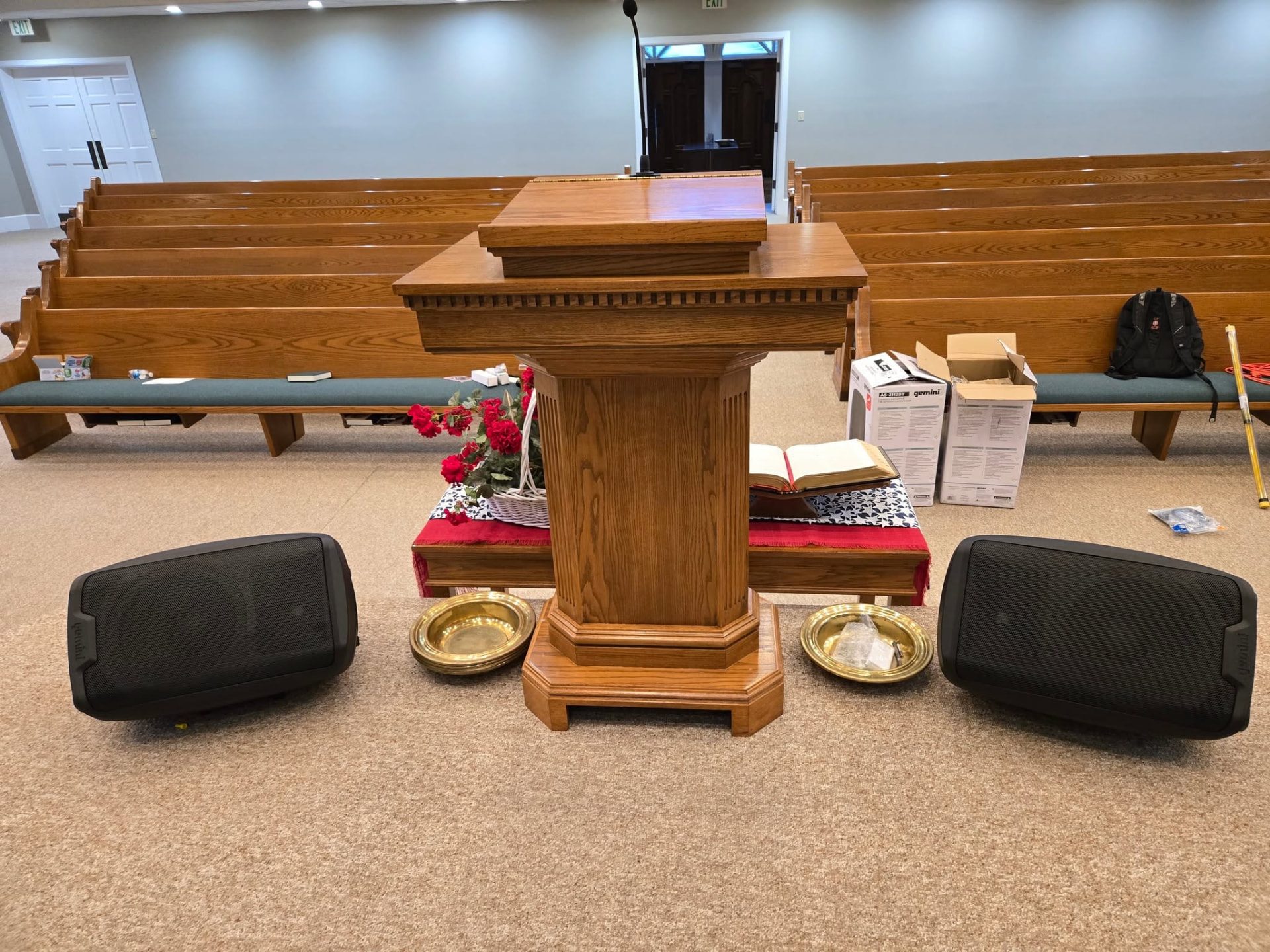 Church speakers positioned beside a pulpit in Chickasaw County
